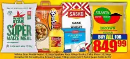 Three Star Cash and Carry White Star Super Maize Meal+Spekko Rice+Sasko Cake Flour+Excella Oil+Atlanta Brown Sugar+Unity UHT Full Cream Milk offer