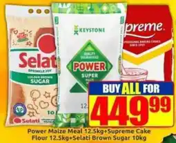 Three Star Cash and Carry Power Maize Meal+Supreme Cake Flour+Selati Brown Sugar offer