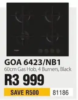 Hirsch's GOA 6423/NB1 60cm Gas Hob, 4 Burners, Black offer