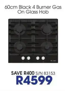 Hirsch's 60cm Black 4 Burner Gas On Glass Hob ELBA offer