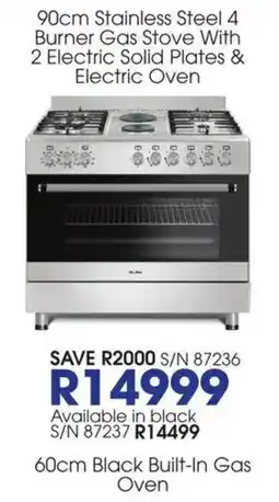 Hirsch's 90cm Stainless Steel 4 Burner Gas Stove With 2 Electric Solid Plates & Electric Oven offer