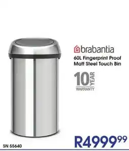Hirsch's brabantia 60L Fingerprint Proof Matt Steel Touch Bin offer