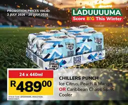 Jumbo CHILLERS PUNCH Ice Citrus, Peach & Mango OR Caribbean Chaos Spirit Cooler offer