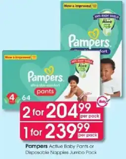 Clicks Pampers Active Baby Pants or Disposable Nappies Jumbo Pack offer