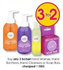 Clicks Sorbet Hand Washes, Hand Sanitisers, Hand Cleansers or Soap Bars offer