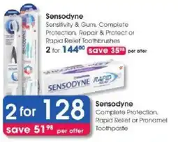 Clicks Sensodyne Sensitivity & Gum Complete Protection, Repair & Protect or Rapid Relief Toothbrushes offer