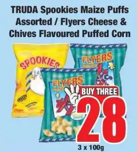 Boxer TRUDA Spookies Maize Puffs Assorted / Flyers Cheese & Chives Flavoured Puffed Corn offer