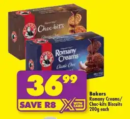 Shoprite Bakers Romany Creams/Choc-kits Biscuits 200g each offer