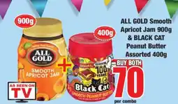 Boxer ALL GOLD Smooth Apricot Jam 900g & BLACK CAT Peanut Butter Assorted 400g offer