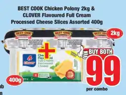 Boxer BEST COOK Chicken Polony 2kg & CLOVER Flavoured Full Cream Processed Cheese Slices Assorted 400g offer