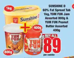 Boxer SUNSHINE D 60% Fat Spread Tub 1kg, YUM FUN Jam Assorted 800g & YUM FUN Peanut Butter Assorted 400g offer