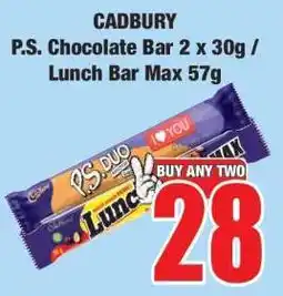 Boxer CADBURY P.S. Chocolate Bar 2 x 30g / Lunch Bar Max 57g offer