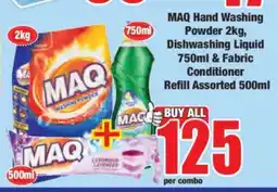 Boxer MAQ Hand Washing Powder 2kg, Dishwashing Liquid 750ml & Fabric Conditioner Refill Assorted 500ml offer