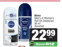 Spar Nivea Men's or Women's Roll On Deodorant offer