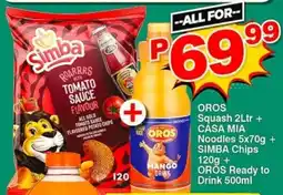 Choppies OROS Squash 2Ltr + CASA MIA Noodles 5x70g + SIMBA Chips 120g + OROS Ready to Drink 500ml offer
