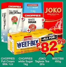 Choppies CHOPPIES Full Cream Milk 1Ltr CHOPPIES white Sugar 1kg JOKO Tagless Tea WEETBIX 450g offer