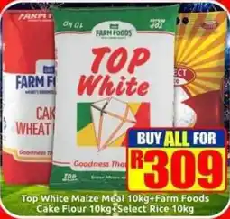 Three Star Cash and Carry Top White Maize Meal 10kg+Farm Foods Cake Flour 10kg+Select Rice 10kg offer
