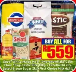Three Star Cash and Carry Super White Maize Meal + Snowflake Cake Flour + Tastic Rice + Excella Oil + Selati Brown Sugar offer