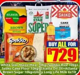 Three Star Cash and Carry White Star Maize Meal Spekko Rice S Sasko Cake Flour Excella Oil Atlanta Brown Sugar offer