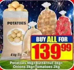 Three Star Cash and Carry Potatoes 4kg+Butternut 3kg+Onions 3kg+Tomatoes 2kg offer