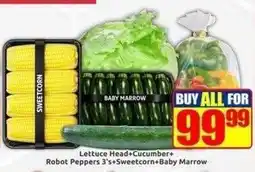 Three Star Cash and Carry Lettuce Head+Cucumber+Robot Peppers 3's+Sweetcorn+Baby Marrow offer