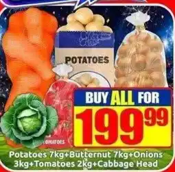 Three Star Cash and Carry Potatoes 7kg+Butternut 7kg+Onions 3kg+Tomatoes 2kg+Cabbage Head offer