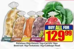 Three Star Cash and Carry Potatoes 2kg+Onions 1kg+Carrots 1kg+Beetroots 1kg+Cabbage Head offer