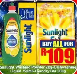 Three Star Cash and Carry Sunlight Washing Powder 2kg+Dishwashing Liquid 750ml+Laundry Bar 500g offer