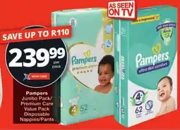Checkers Pampers Jumbo Pack/ Premium Care Value Pack Disposable Nappies/Pants offer