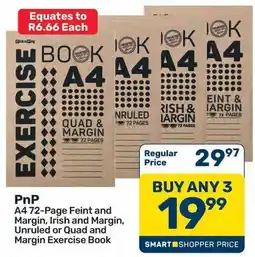 Pick n Pay PnP A4 72-Page Feint and Margin, Irish and Margin, Unruled or Quad and Margin Exercise Book offer