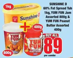 Boxer Superstores Sunshine D 60% Fat Spread Tub Assorted & YUM FUN Jam Assorted & YUM FUN Peanut Butter Assorted offer
