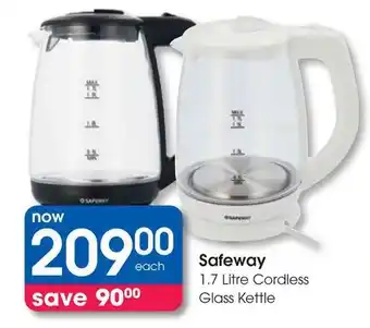 Safeway 1.7 Litre Cordless Glass Kettle
