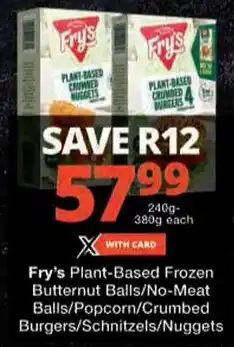 Checkers Fry's Plant-Based Frozen Butternut Balls/No-Meat Balls/Popcorn/Crumbled Burgers/Schnitzels/Nuggets offer