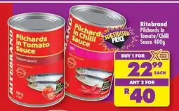 Shoprite Ritebrand Pilchards in Tomato/Chilli Sauce 400g offer