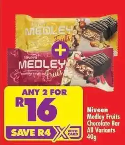 Shoprite Niveen Medley Fruits Chocolate Bar All Variants 40g offer