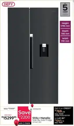 Bradlows DEFY 555Lt Metallic Side-By-Side Fridge offer