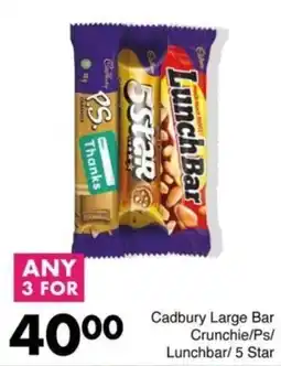 Save Hyper Cadbury Large Bar Crunchie/Ps/Lunchbar/ 5 Star offer