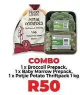 Food Lover's Market Broccoli prepack, baby marrow prepack, potjie potato thriftpack offer