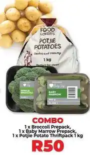 Food Lover's Market Broccoli prepack, baby marrow prepack, potjie potato thriftpack offer