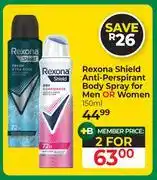Dis-Chem Rexona Shield Anti Perspirant Body Spray For Men Or Women-For 2 x 150ml offer