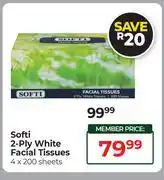 Dis-Chem Softi 2-Ply White Facial Tissues 4 x 200 Sheets offer