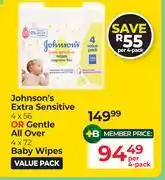 Dis-Chem Johnson's Extra Sensitive 4 x 56 Or Gentle All Over 4 x 72 Bally Wipes-Per 4 Pack offer
