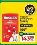 Dis-Chem Huggies Dry Comfort Nappies Jumbo Pack (Sizes 1-5)-Per Pack offer