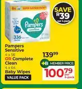 Dis-Chem Pampers Sensitive 56 Or Complete Clean 64 Baby Wipes Value Pack-Per 4 Pack offer