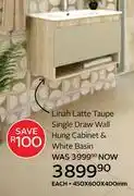 CTM Origins Linah Latte Taupe Single Draw Wall Hung Cabinet & White Basin-450 x 600 x 400mm offer