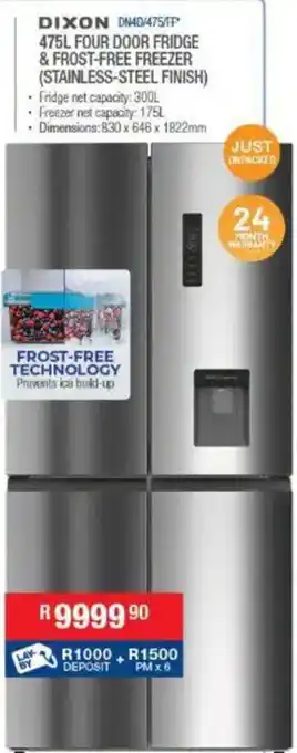 DIXON 475L FOUR DOOR FRIDGE & FROST-FREE FREEZER (STAINLESS-STEEL FINISH)