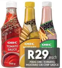OBC Meat & Chicken OBC Tomato Sauce, OBC Mustard, OBC Chip Dip offer