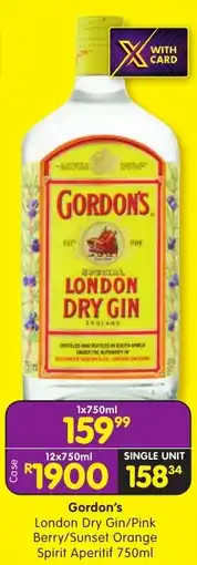 Shoprite Liquor Gordon's London Dry Gin/Pink Berry/Sunset Orange Spirit Aperitif offer