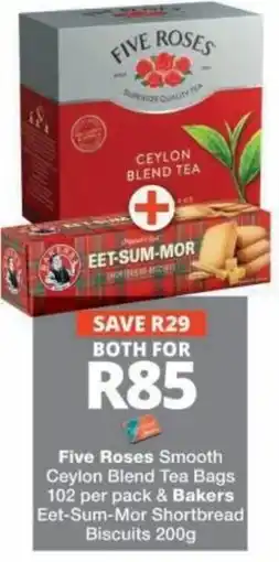 Checkers Five Roses Smooth Ceylon Blend Tea Bags & Bakers Eet-Sum-Mor Shortbread Biscuits offer