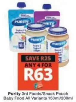 Checkers Purity 3rd Foods/Snack Pouch Baby Food All Variants offer